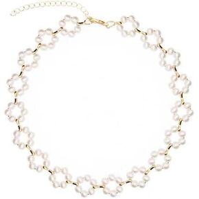 Nyx&lvy Flower Pearl Choker Necklace, Gold Plated Chain Link, White Petals, 8.5 Inches in Saudi Arabia