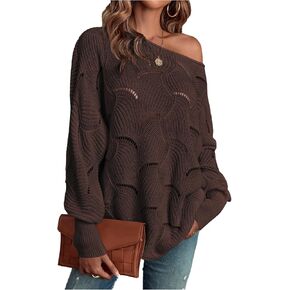 Women's Hollow Out Sweater Long Sleeve Boat Neck Oversized Pointelle Knit Pullover Top in Saudi Arabia