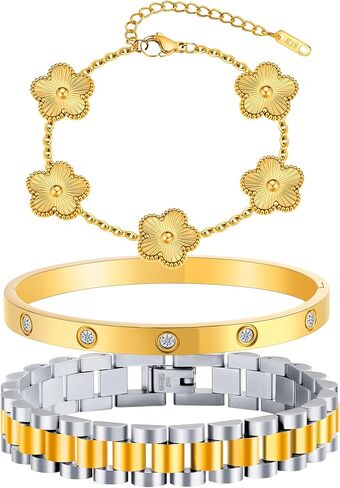 سوار البرسيم المطلي بالذهب 18 قيراط للنساء، مجموعة مجوهرات أساور ذهبية قابلة للتكديس، سوار من الفولاذ المقاوم للصدأ كريستال الحب الصداقة أساور الإسورة، سوار معصم سلسلة مع أداة ضبط. in Kuwait