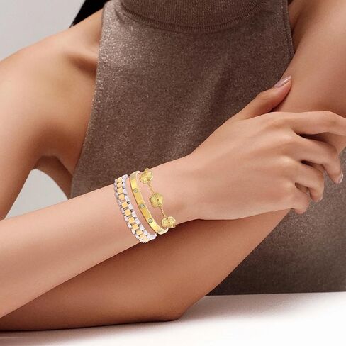 سوار البرسيم المطلي بالذهب 18 قيراط للنساء، مجموعة مجوهرات أساور ذهبية قابلة للتكديس، سوار من الفولاذ المقاوم للصدأ كريستال الحب الصداقة أساور الإسورة، سوار معصم سلسلة مع أداة ضبط. in Kuwait