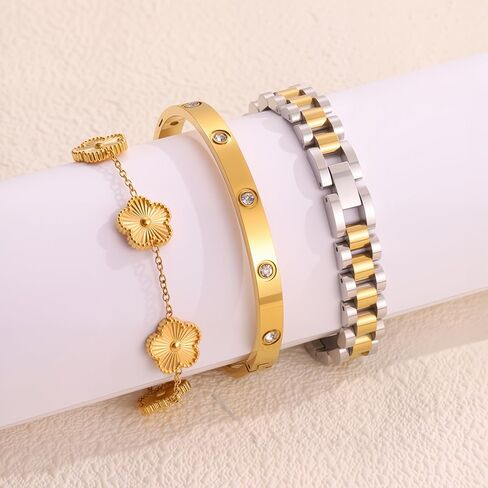 سوار البرسيم المطلي بالذهب 18 قيراط للنساء، مجموعة مجوهرات أساور ذهبية قابلة للتكديس، سوار من الفولاذ المقاوم للصدأ كريستال الحب الصداقة أساور الإسورة، سوار معصم سلسلة مع أداة ضبط. in Kuwait