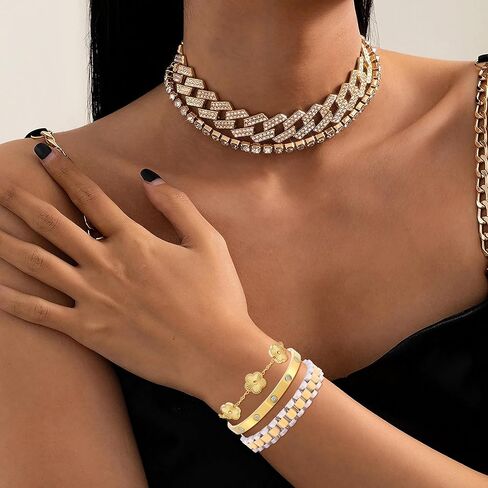 سوار البرسيم المطلي بالذهب 18 قيراط للنساء، مجموعة مجوهرات أساور ذهبية قابلة للتكديس، سوار من الفولاذ المقاوم للصدأ كريستال الحب الصداقة أساور الإسورة، سوار معصم سلسلة مع أداة ضبط. in Kuwait
