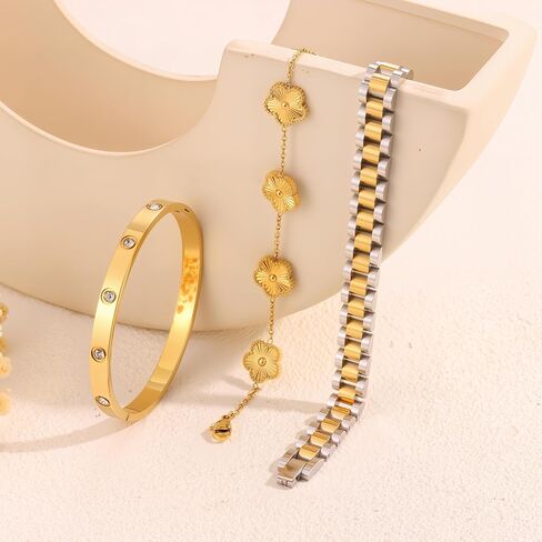 سوار البرسيم المطلي بالذهب 18 قيراط للنساء، مجموعة مجوهرات أساور ذهبية قابلة للتكديس، سوار من الفولاذ المقاوم للصدأ كريستال الحب الصداقة أساور الإسورة، سوار معصم سلسلة مع أداة ضبط. in Kuwait