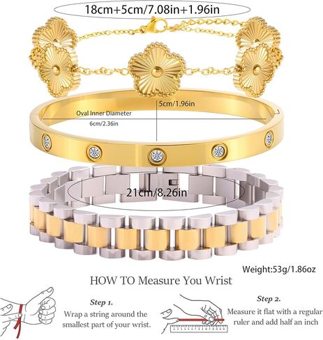 سوار البرسيم المطلي بالذهب 18 قيراط للنساء، مجموعة مجوهرات أساور ذهبية قابلة للتكديس، سوار من الفولاذ المقاوم للصدأ كريستال الحب الصداقة أساور الإسورة، سوار معصم سلسلة مع أداة ضبط. in Kuwait