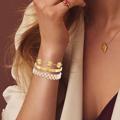 سوار البرسيم المطلي بالذهب 18 قيراط للنساء، مجموعة مجوهرات أساور ذهبية قابلة للتكديس، سوار من الفولاذ المقاوم للصدأ كريستال الحب الصداقة أساور الإسورة، سوار معصم سلسلة مع أداة ضبط. in Kuwait