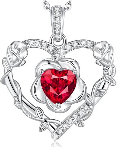 AGVANA يوليو جوهرة الميلاد مجوهرات روبي قلادة للنساء الفضة الاسترليني القلب روز زهرة قلادة قلادة الذكرى هدايا عيد ميلاد للنساء أمي زوجة لها in Kuwait