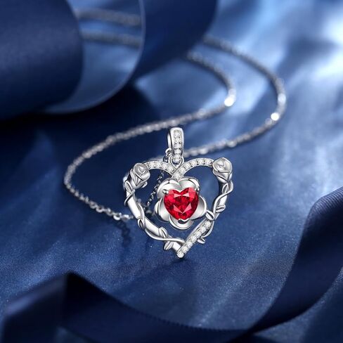 AGVANA يوليو جوهرة الميلاد مجوهرات روبي قلادة للنساء الفضة الاسترليني القلب روز زهرة قلادة قلادة الذكرى هدايا عيد ميلاد للنساء أمي زوجة لها in Kuwait