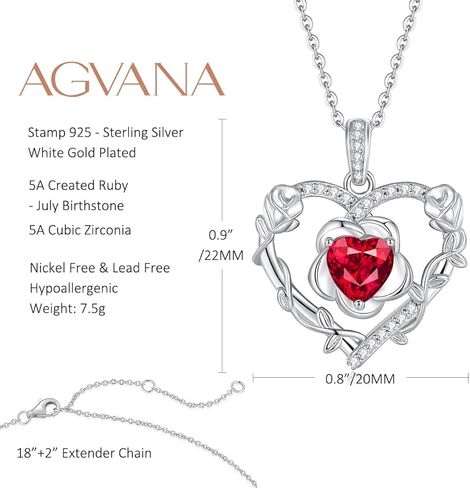 AGVANA يوليو جوهرة الميلاد مجوهرات روبي قلادة للنساء الفضة الاسترليني القلب روز زهرة قلادة قلادة الذكرى هدايا عيد ميلاد للنساء أمي زوجة لها in Kuwait