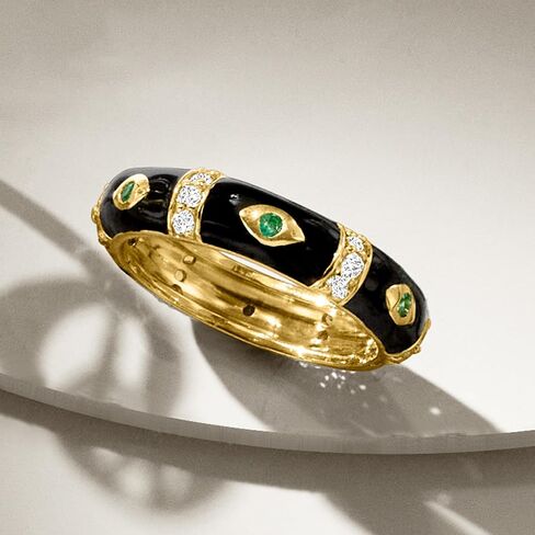 Ross-Simons 0.30 ct. t.w. White Topaz Evil Eye Ring With Black Enamel and Emeralds in 18kt Gold Over Sterling in Saudi Arabia