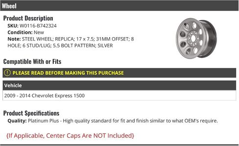 Steel Wheel - 17 x 7.5 Inch - 8 Hole - Silver - Compatible with 2009-2014 Chevy Express 1500 in Saudi Arabia