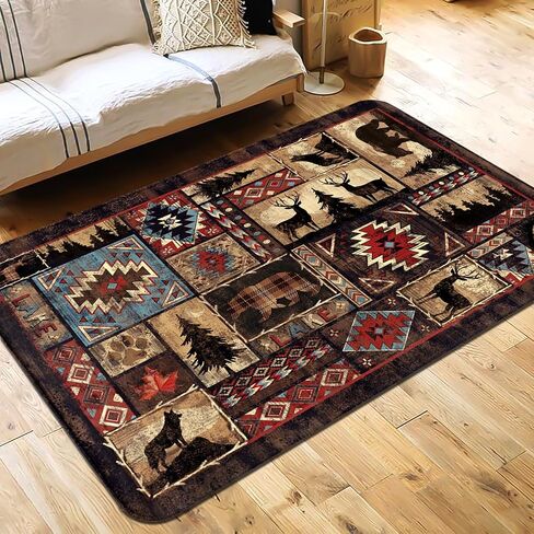 5x7 Bear Area Rug for Living Room, Rustic Cabin Rug Mat Farmhouse Brown Rugs for Bedroom Retro Lodge Runner Carpet Moose Deer Non Slip Floor Mat Wildlife Fall Home Decor Carpet Washable Western Rugs in Saudi Arabia
