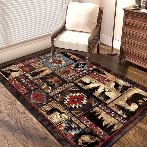 5x7 Bear Area Rug for Living Room, Rustic Cabin Rug Mat Farmhouse Brown Rugs for Bedroom Retro Lodge Runner Carpet Moose Deer Non Slip Floor Mat Wildlife Fall Home Decor Carpet Washable Western Rugs in Saudi Arabia
