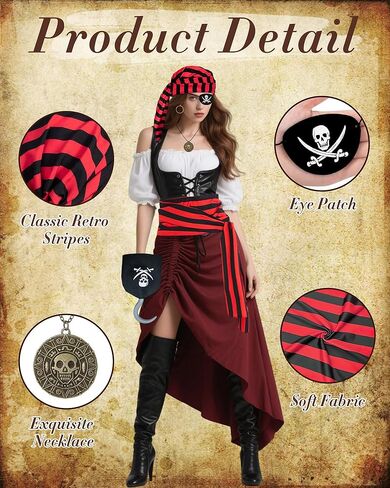إكسسوارات أزياء القرصان للرجال والنساء - مجموعة قراصنة عصر النهضة من العصور الوسطى لأزياء الهالوين التنكرية in Kuwait