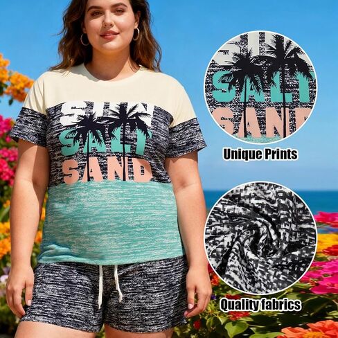 2 Piece Women’s T-Shirt Plus Size Tracksuit Set Casual and Elastic Waist Shorts Activewear Lounge Outfit in Saudi Arabia