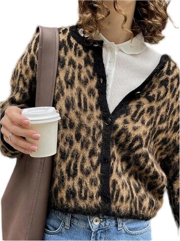WDIRARA Women's Leopard Cardigan Sweaters Button Down Long Sleeve Fuzzy Knit Outerwear in Saudi Arabia