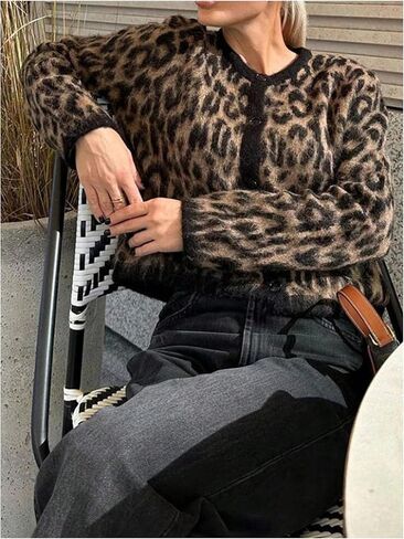 WDIRARA Women's Leopard Cardigan Sweaters Button Down Long Sleeve Fuzzy Knit Outerwear in Saudi Arabia
