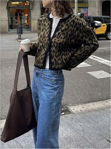 WDIRARA Women's Leopard Cardigan Sweaters Button Down Long Sleeve Fuzzy Knit Outerwear in Saudi Arabia