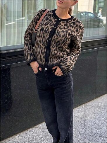 WDIRARA Women's Leopard Cardigan Sweaters Button Down Long Sleeve Fuzzy Knit Outerwear in Saudi Arabia