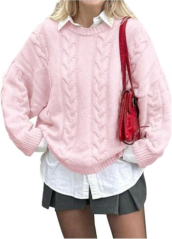 GORGLITTER Women's Cable Knit Fall Sweater 2025 Oversized Chunky Long Sleeve Crewneck Loose Pullover Jumpers Tops in Saudi Arabia