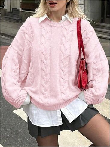 GORGLITTER Women's Cable Knit Fall Sweater 2025 Oversized Chunky Long Sleeve Crewneck Loose Pullover Jumpers Tops in Saudi Arabia