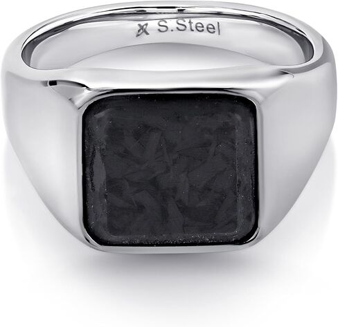 Gem Stone King Men's Stainless Steel Black Carbon Fiber Inlay Pinky Thumb Square Signet Pinky Thumb Band Ring (8MM Width, Available in Size 9, 10, 11, 12) in Saudi Arabia