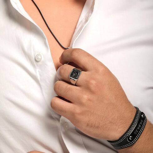 Gem Stone King Men's Stainless Steel Black Carbon Fiber Inlay Pinky Thumb Square Signet Pinky Thumb Band Ring (8MM Width, Available in Size 9, 10, 11, 12) in Saudi Arabia