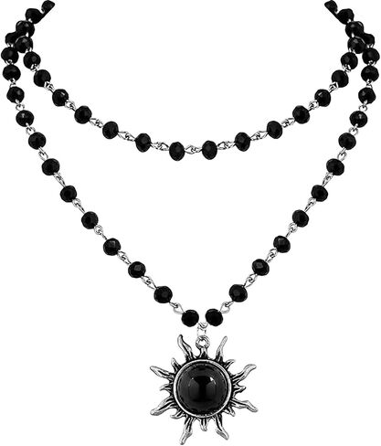Gothic Sun Moon Choker Necklace Black Crystal Bead Layered Necklace Punk Witchy Jewelry for Women Halloween Costume Jewelry in Kuwait