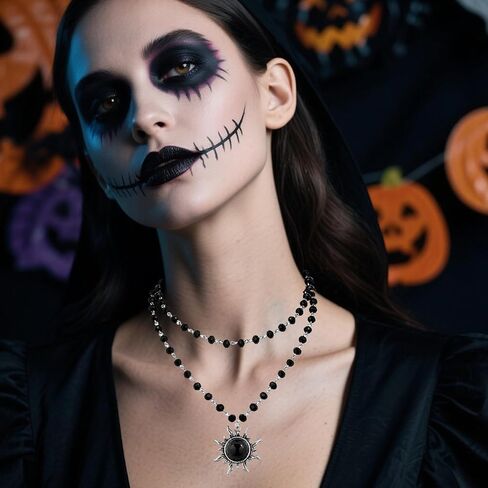Gothic Sun Moon Choker Necklace Black Crystal Bead Layered Necklace Punk Witchy Jewelry for Women Halloween Costume Jewelry in Kuwait