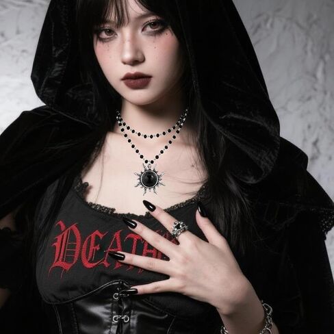 Gothic Sun Moon Choker Necklace Black Crystal Bead Layered Necklace Punk Witchy Jewelry for Women Halloween Costume Jewelry in Kuwait