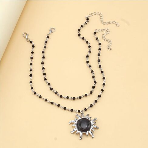 Gothic Sun Moon Choker Necklace Black Crystal Bead Layered Necklace Punk Witchy Jewelry for Women Halloween Costume Jewelry in Kuwait