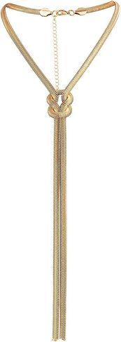 Snake Bone Chain Tassel Choker for Women 14K Gold Twisted Snake Link Long Lasso Statement Necklace Minimalist Herringbone Knot Y Choker Charm Jewelry in Saudi Arabia