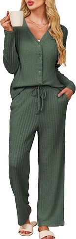 Kikibell Womens Pajamas Sets Button Down Lounge Set 2 Piece Sleepwear Loungewear Long Sleeve Pjs with Pocket Fall Outfits in Kuwait