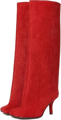 VOMIRA Women's Knee High Nude Suede Wide Calf Square Toe Stiletto Fall Winter Pull On High Heel Long Ladies Fashion Dress Tall Slouchy Boots in Saudi Arabia