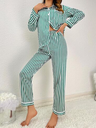 Women's Stripe Pajama Sets Button Down Silky Satin Sleepwear Soft Long Sleeve 2 Piece Pjs Loungewear in Saudi Arabia