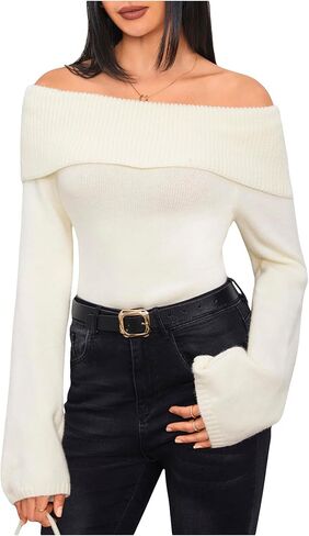 MakeMeChic Women's Off Shoulder Sweater Long Sleeve Fold Over Sweater Pullover Tops in Saudi Arabia