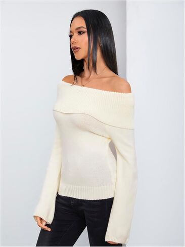 MakeMeChic Women's Off Shoulder Sweater Long Sleeve Fold Over Sweater Pullover Tops in Saudi Arabia
