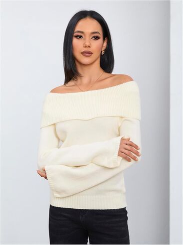 MakeMeChic Women's Off Shoulder Sweater Long Sleeve Fold Over Sweater Pullover Tops in Saudi Arabia