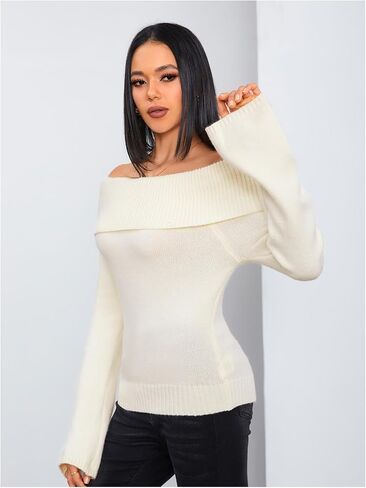 MakeMeChic Women's Off Shoulder Sweater Long Sleeve Fold Over Sweater Pullover Tops in Saudi Arabia