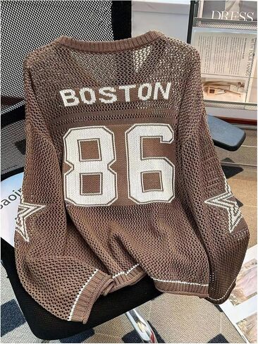 Floerns Women's Oversize Number Sweater Casual Hollow Out V Neck Street Pullover Top in Saudi Arabia