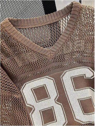 Floerns Women's Oversize Number Sweater Casual Hollow Out V Neck Street Pullover Top in Saudi Arabia