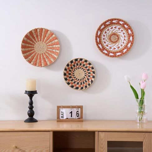 3PCS Boho Wall Basket Decor – Handmade Woven Baskets for Wall Hanging – Rustic & Farmhouse Wall Art for Living Room, Bedroom – Decorative Tray-Style Bohemian Accents in Saudi Arabia