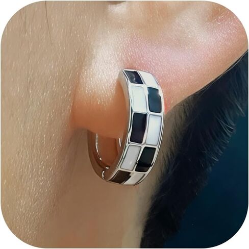 Checkered Earrings for Women Black And White Checkered Earrings Small Hoop Huggie Hypoallergenic Earring Trendy Hoop Earring Jewelry for Women in Kuwait