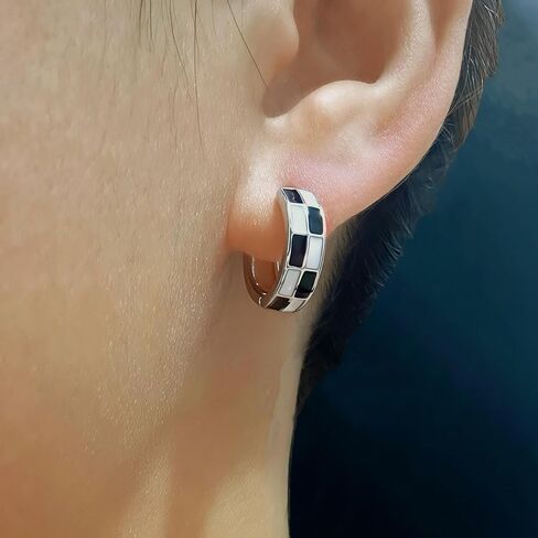 Checkered Earrings for Women Black And White Checkered Earrings Small Hoop Huggie Hypoallergenic Earring Trendy Hoop Earring Jewelry for Women in Kuwait