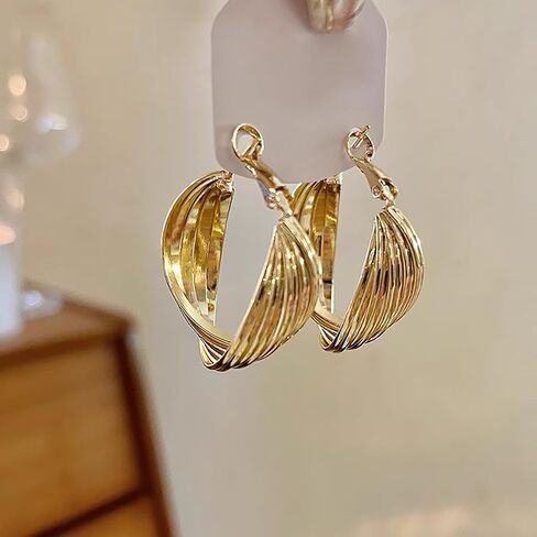 Chunky Gold Earrings Geometric Round Interweave Large Hoop Earrings Hypoallergenic Twisted Hoop Earrings Vintage Earrings Simple Fashion Jewelry Accessories for Women in Saudi Arabia