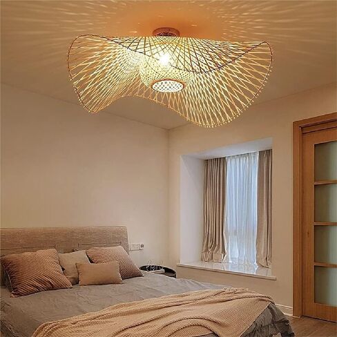 LNPTAL Handwoven Rattan Flush Mount Ceiling Light, Boho Wavy Bamboo Semi Flush Mount Fixture, Natural Wicker Dome Ceiling Lamp for Bedroom Living Room Dining Room in Saudi Arabia