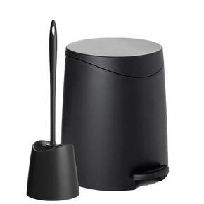 Superio Bathroom Trash Can with Toilet Brush Set Grey Modern 6 Liter Small Waste Basket Plastic Step On Garbage Can and Toilet Bowl Cleaner Bathroom Accessories Set, Black