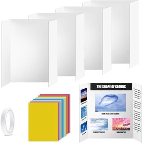 4pcs Trifold Poster Board, 26x17 Inches White Trifold Presentation Display Board with Double-sided Adhesive Tape and Colorful papers Corrugated Project Board for School and Business Project
