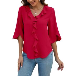 Blooming Jelly Womens Dressy Casual Blouses 3/4 Sleeve V Neck Ruffle Tops Business Ladies Summer 2024 Trendy Work Shirt