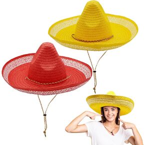 4E's Novelty 2 Pack Sombrero Hats Adult, Red & Yellow Sombrero Party Hats With Chinstrap - for Fiesta Cinco De Mayo Party Dress Up, Mexican Hat for Women & Men Outfit Accessories