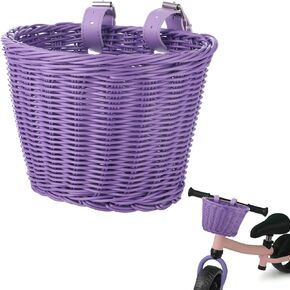 Kids Bike Basket with Adjustable PU Belts, Wicker Bike Baskets Handmade Woven Rattan Bike Basket Front Handle Children Bike Basket for Children Bicycle Accessories